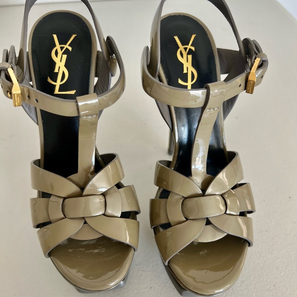 Yves Saint Laurent Women's Tribute Platform High Heel Sandals in Olive patent - Picture 2 of 6